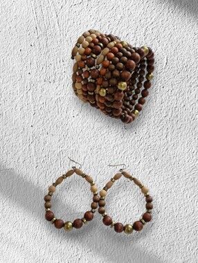 Wooden Bead Bracelet and Hoop Earrings Set
